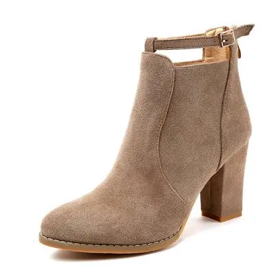 

New autumn women's boots pointed toe shoes women's belt buckle suede thick heel ankle boots