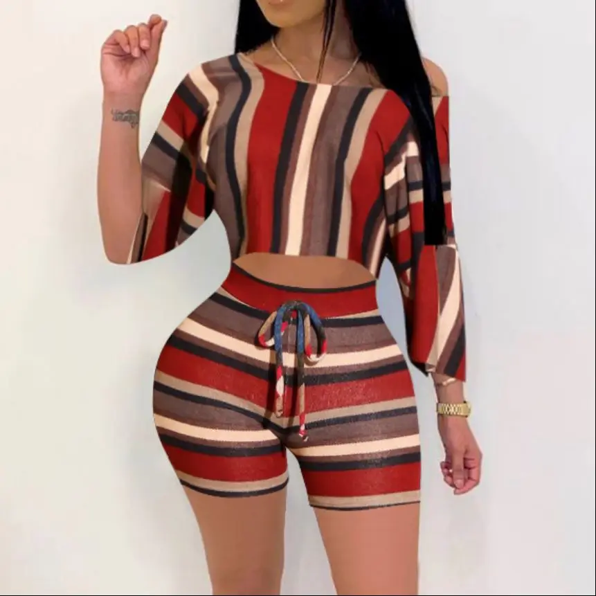 

Hot sale women two-piece sets mid-sleeve crop top and shorts colorful stripe printed fine clothing, Red