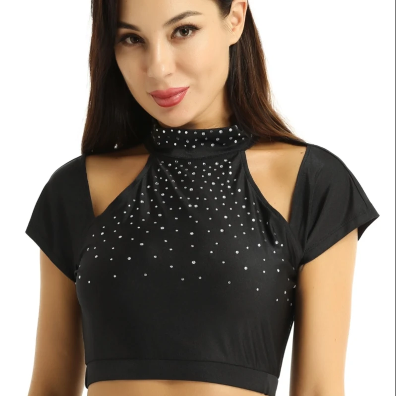

iEFiEL Woman's Shiny Rhinestones High Neck Mesh Back Cut Out Short Sleeve Crop Top Sport Fitness Figure Skating Clothing