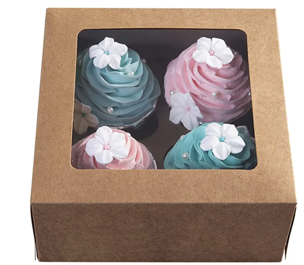 

4 hole cupcake box kraft cardboard luxury bakery packaging with window gift boxes wholesales