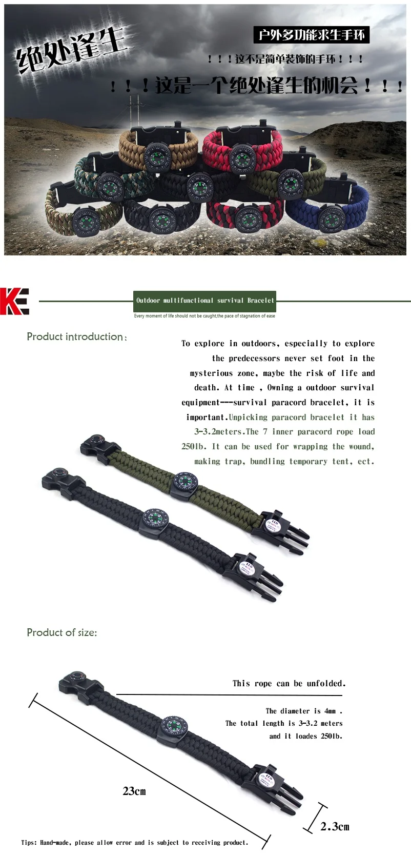 Wholesale Factory Outdoor Survival Charm Paracord Bracelet, Custom Logo Multi Tool Trilobite Bracelet/