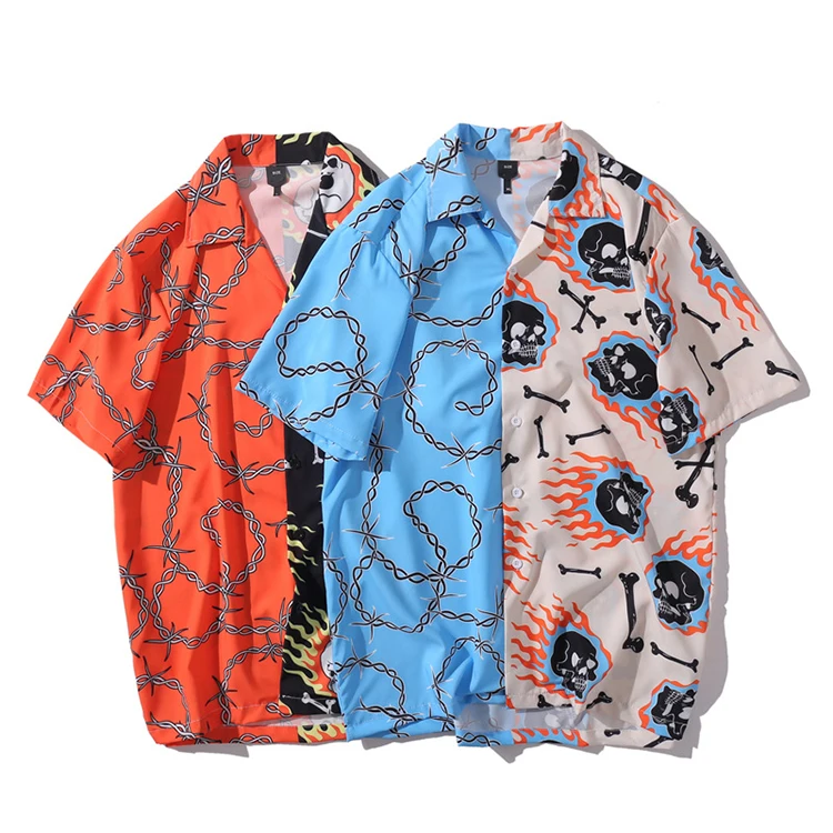 

Wholesale 2021 Summer Hip Hop Style Skull Print Fashion Short Sleeve Men Hawaii Printed Shirt, Monochromatic