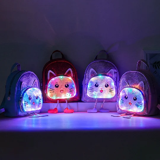 

2021 Led Lights School Backpack 3D Cartoon Animals Design Waterproof PU Leather Sequin Kindergarten Kids School Bags, Pink/purple/red/blue/custom made