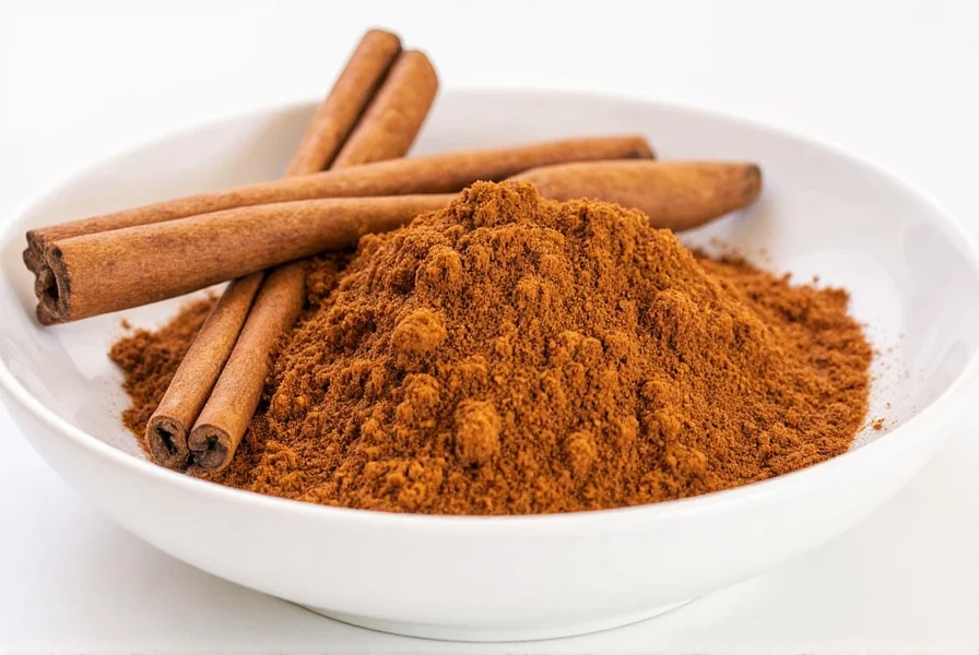 Side-by-side comparison of ground Ceylon cinnamon versus Saigon cinnamon showing the lighter color of Ceylon and darker hue of Saigon