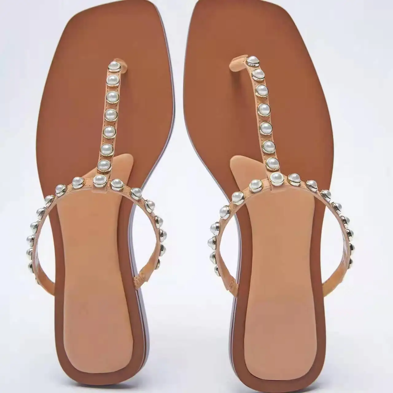 

New arrival hot sell fashion leisure flip-flops flat square head summer pearl slippers lady clip toe sandals beach holiday style, Picture colors