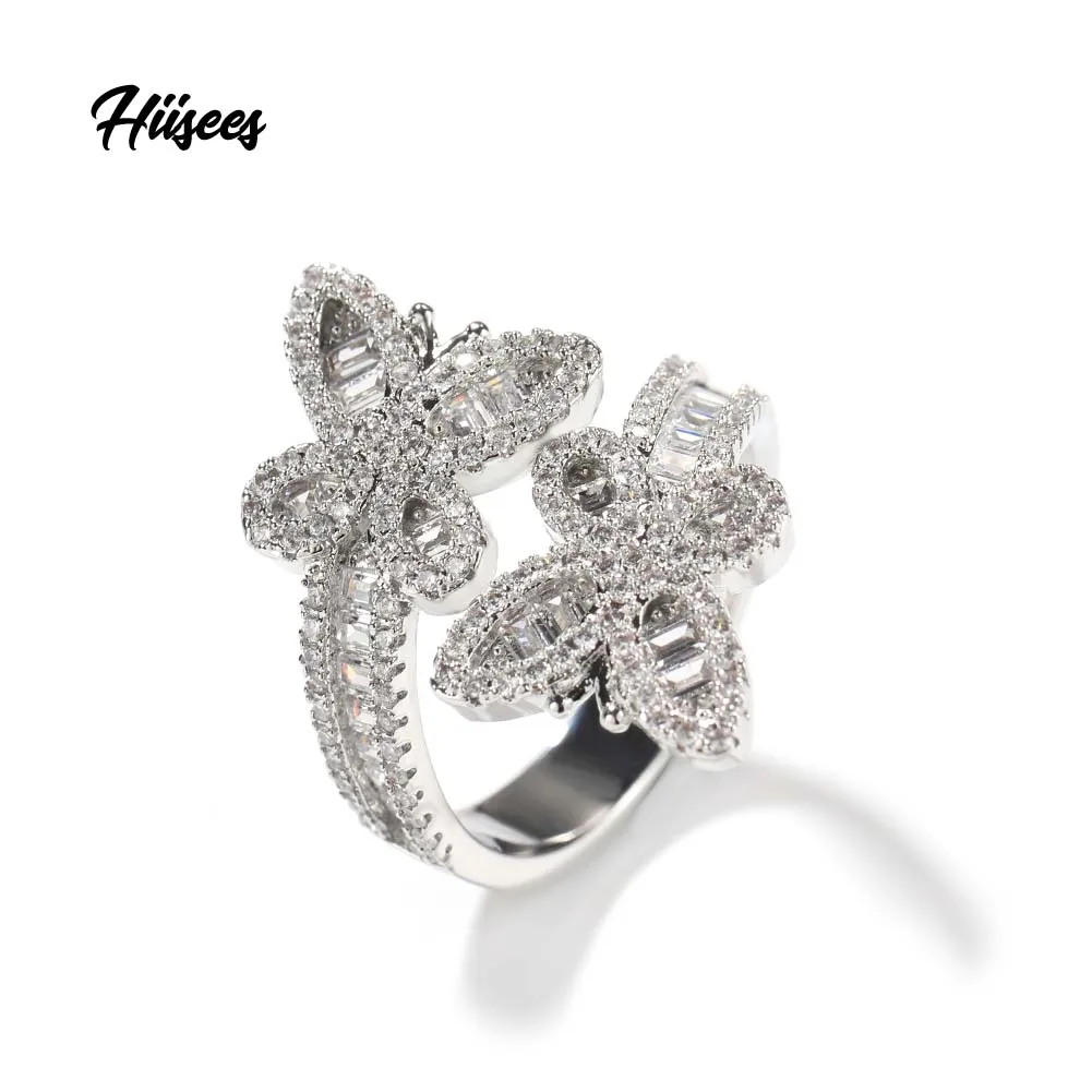 

Custom white gold plated resizable rings jewelry baguette cubic zircon diamond butterfly ring for women