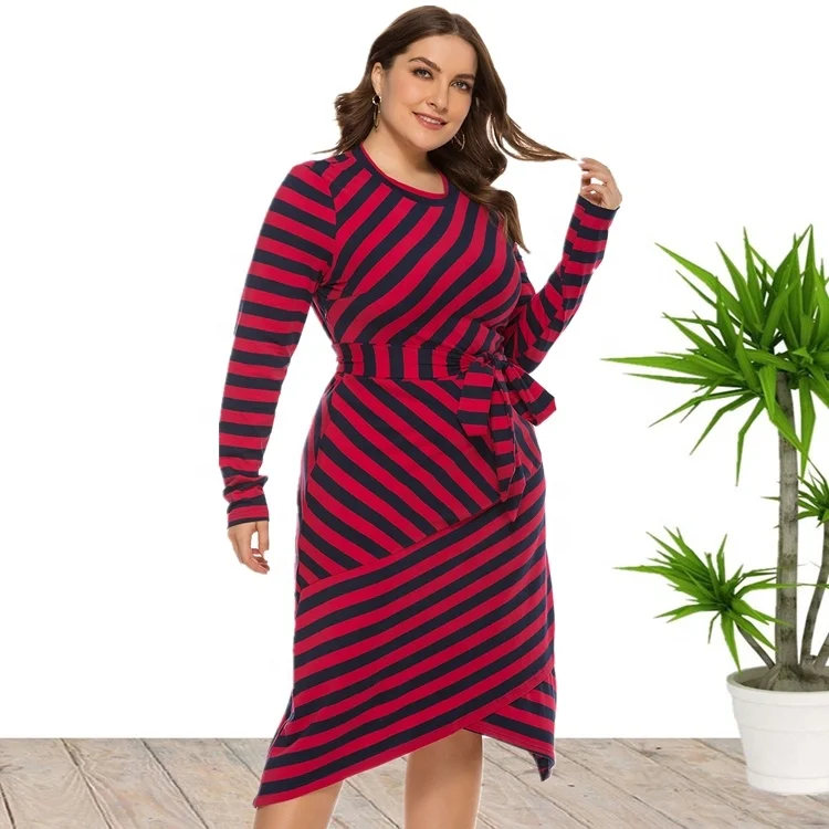 

2020 Fashional Cotton Material Strip Print Plus Size Long Sleeve Dresses For Women Wholesale China
