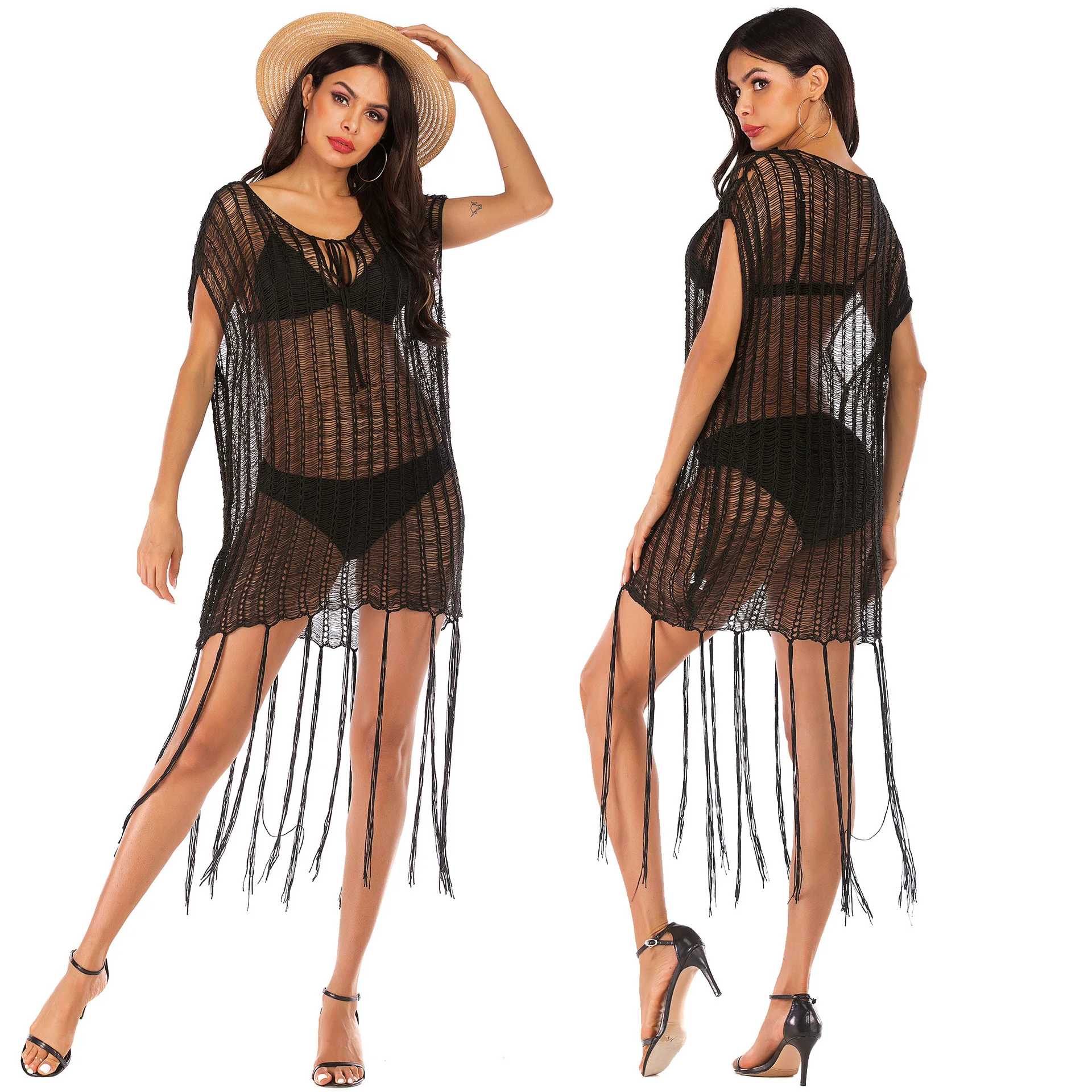 

Sexy Hollow See-Through Knitted Loose Long Fringed Beach Bikini Blouse Vetements Beachwear Casual Dresses, Black