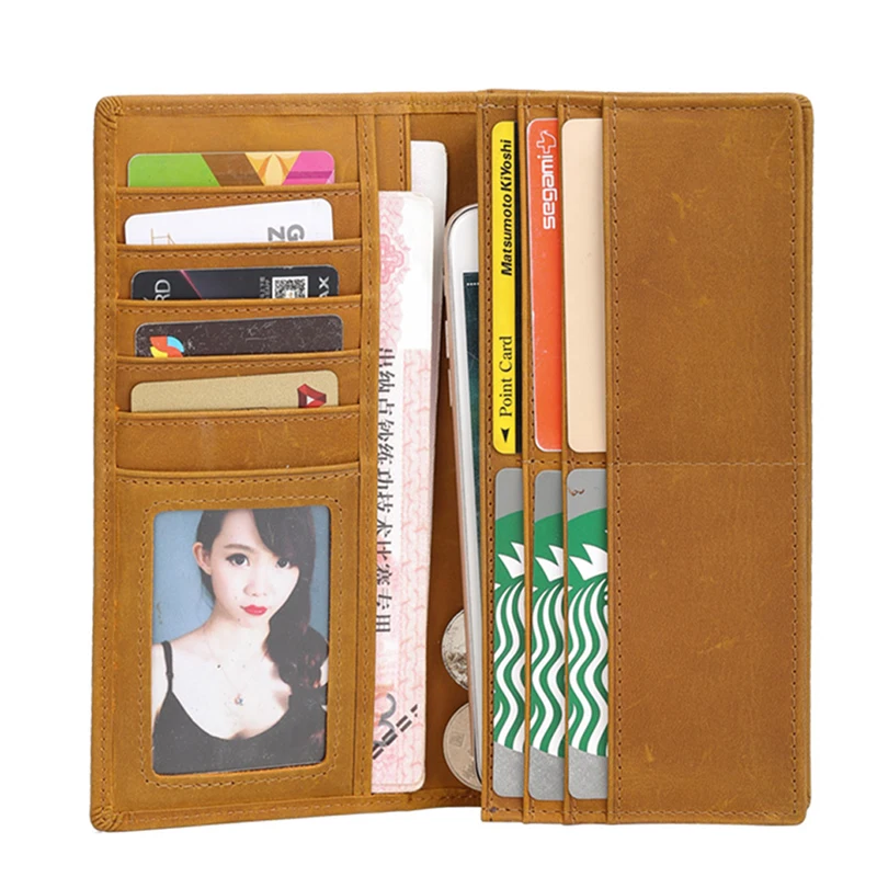 

Custom Retro Slim Tan Bifold Crazy Horse Genuine Leather Long Wallet For Men