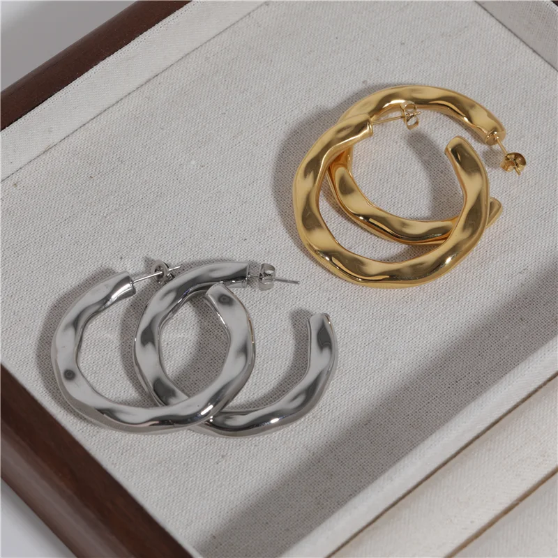 

JOOLIM High End 18K Gold Silver Plated Classic Big Irregular Hammered Stainless Steel Hoop Earrings For Women Fashion Jewelry