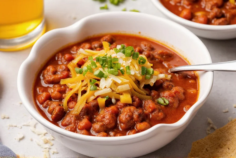Finished bowl of chili with beer served in white ceramic bowl with toppings