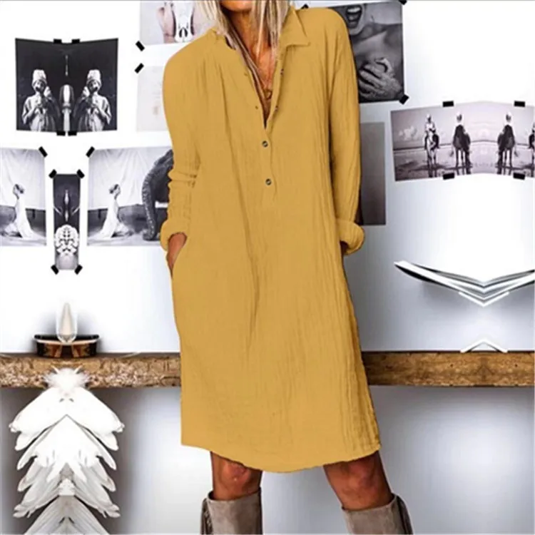

Fashion autumn long shirt skirt women long sleeve linen dress casual loose clothing
