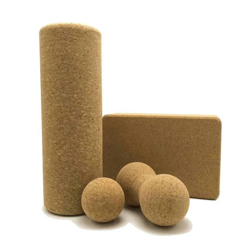 

High-end delicate cork material yoga massage set with yoga foam roller block and massage ball, Wood