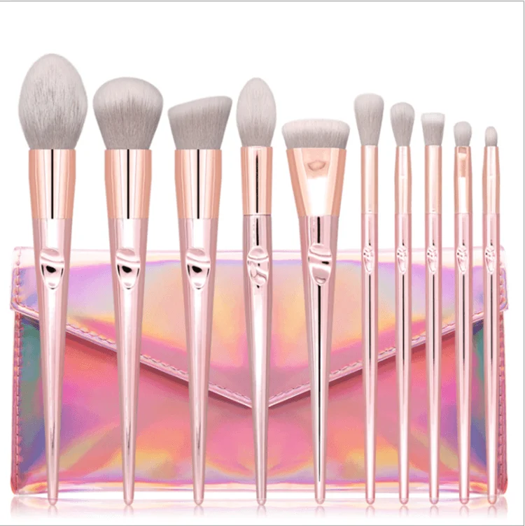 Wholesales 10 Pcs Rose Gold Laser Luxury Vegan Pink Professional Wood Custom Private Label Makeupbrush Makeup Brush Bag Set