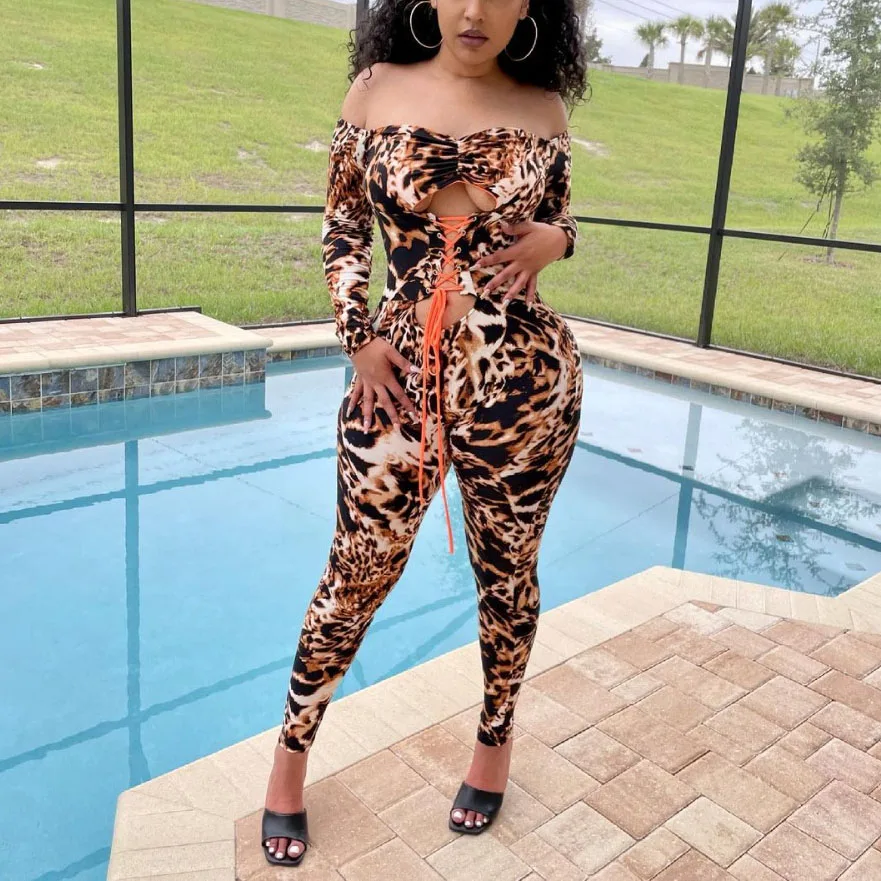 

FS4409D new arrivals Fall Fashion leopard print Women off the shoulder Drawstring Jumpsuits