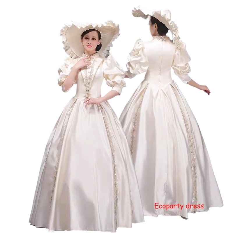 

Women Medieval Champagne Royal Rococo Baroque Style Costume Deluxe Lace Trim Ball Gown Victorian Dress with Hat Customized