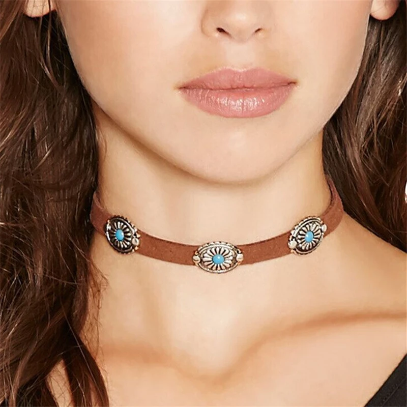 

New Wholesale Women Leather Choker Turquoise Necklace, Picture