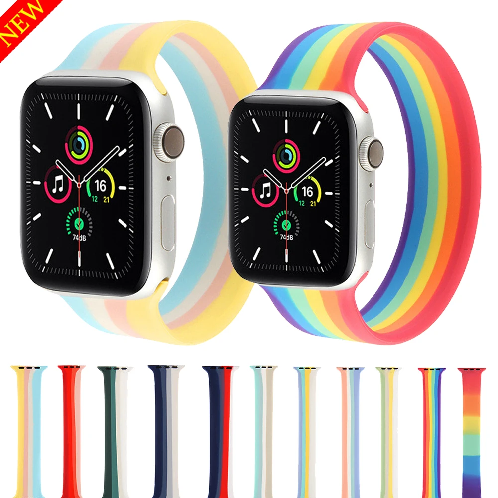 

Silicone Solo Loop Strap for Apple Watch Bands 6 5 4 3 2 1 SE Rainbow Colorful Design Watchbands for iWatch 44mm 40mm 42mm 38mm