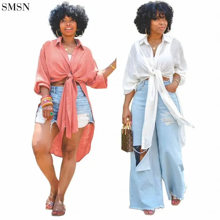 

CATHY New Trendy Button Solid Color Blouses Tops Bandage Ladies Blouses Tops For Women 2021