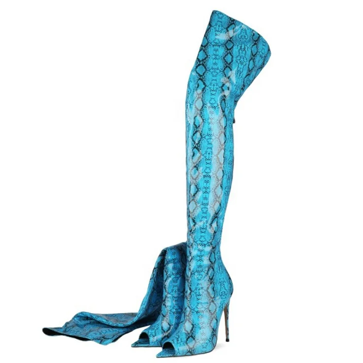 

Fashion Women Open Peep Toe Snakeskin Prints Booties Stiletto Heels Over the Knee High Boots Blue Thin High Boots Shoes Women, Mei red ,blue,green,yellow,orange,grey