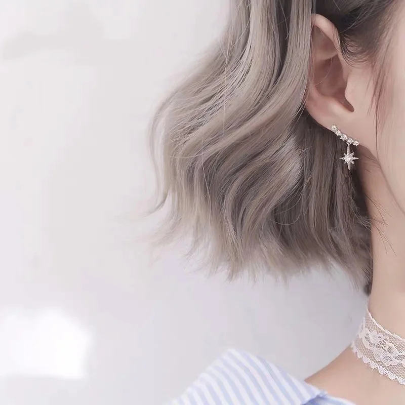 925 Sliver Simple and Sweet Crystal Rhinestone Star Shape Tassel Earrings Women