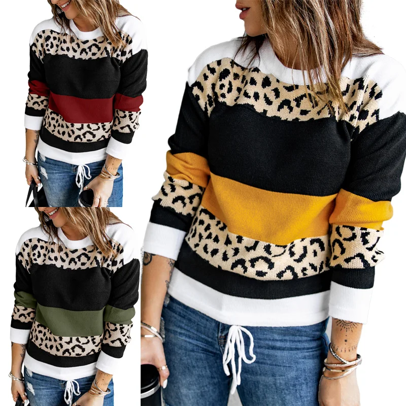 

2021 High Quality Crewneck Leopard Color Block Loose Knitted Pullover Sweater, Accept customized women crew neck sweater