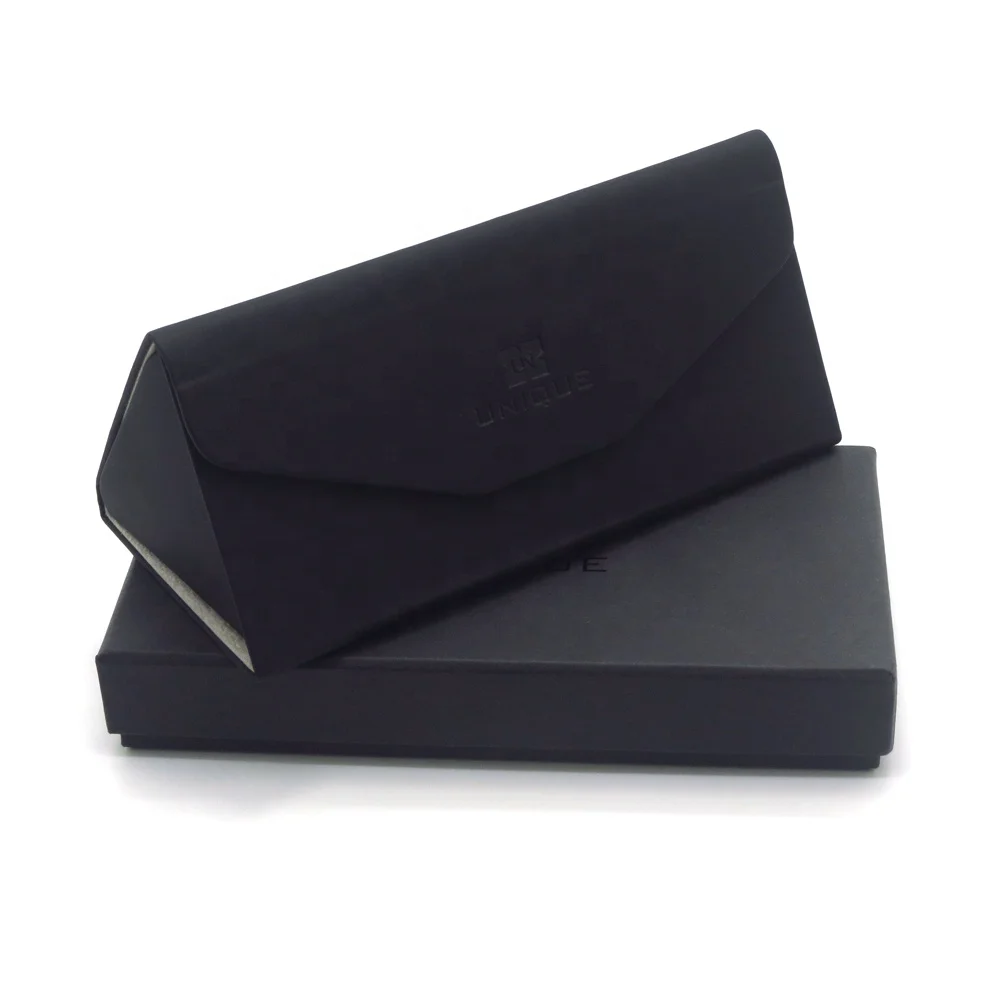 

2021 Latest Design Linen PU Luxury Custom Glasses Packaging Boxes Triangle Folding Sunglasses Case, Black,champagne