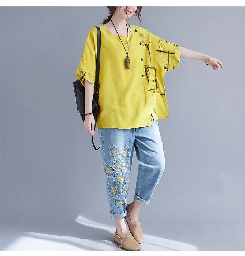 

Custom Women Designer Cropped Printed High-Low Ramie Cotton Loose Shirt