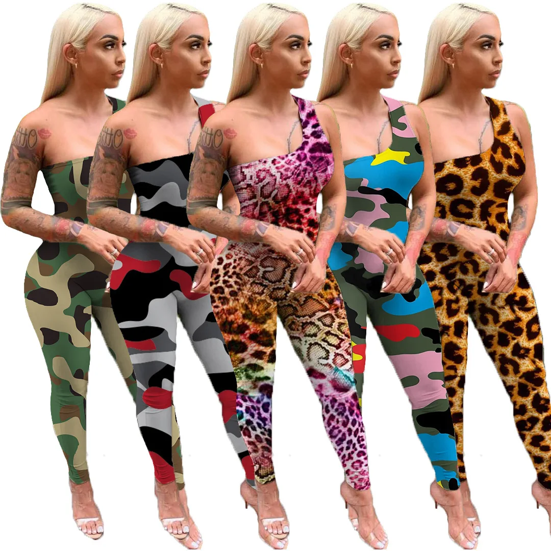 

2021 spring summer casual women's Jumpsuit Sexy one shoulder sleeveless camouflage Leopard Snake Print Jumpsuit women 2021