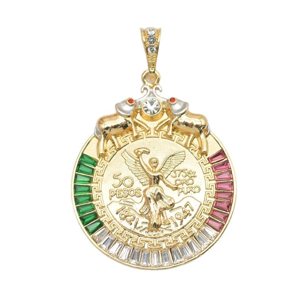 

Mexico Stamp coin souvenir big crystal inlay gold plated pendants 50 peso