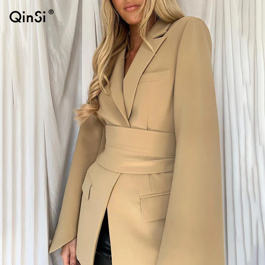

QINSI Free Belt Cardigan Style Lace-up Belted Lapel Blazers 2021 Woman Black Office Work Suits New Women Spring Autumn Slim-fit