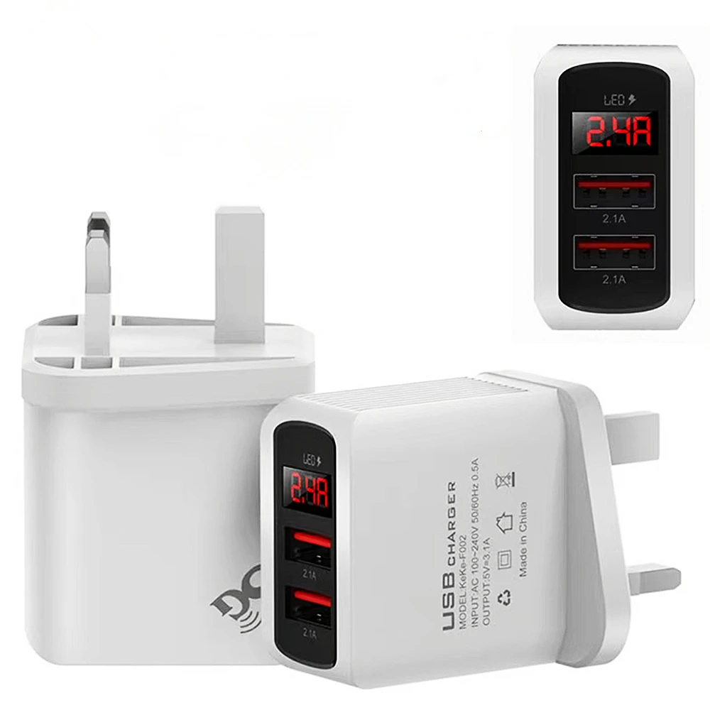 

Cross border popular 5v2.1a wall mount travel charging plug 2USB smart phone digital display fast charger, White