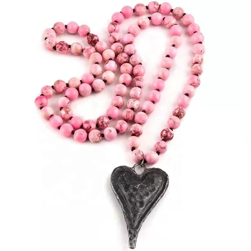 

Fashion Women 8mm Pink Green Black White Natural Stone Necklace Black Gun Plated Heart Pendant Necklace, 10 color