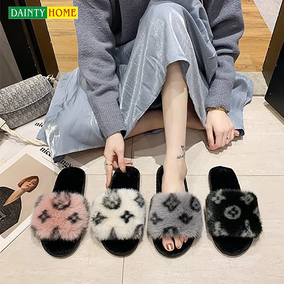 

Faux fur slides womens ins styles soft winter warm outdoor imitation fur slide laides elegant slipper shoes, Black /grey / pink / beige