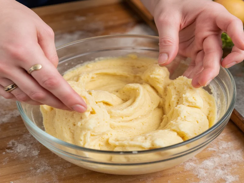 Hands mixing pie crust dough in a bowl