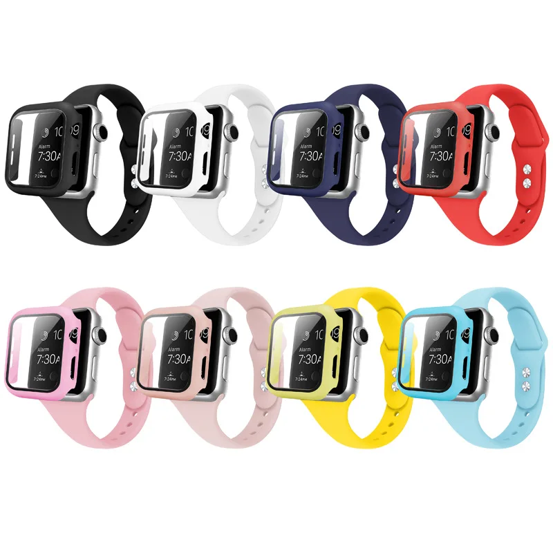 

BOORUI Silicone PC Case Tempered Glass Protection For Apple Watch Plus Rubber Strap, 8 colors