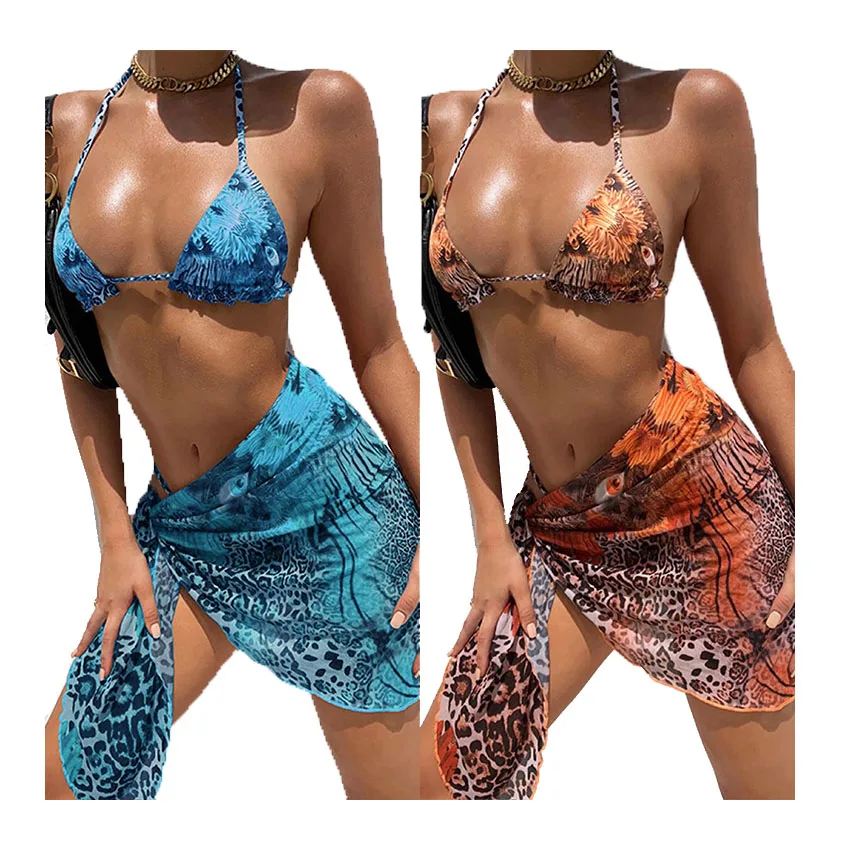 

SAS3326 summer swimwear tankinis and cover up kaftan sexy women plus size three piece printed bikini set, As photo showed