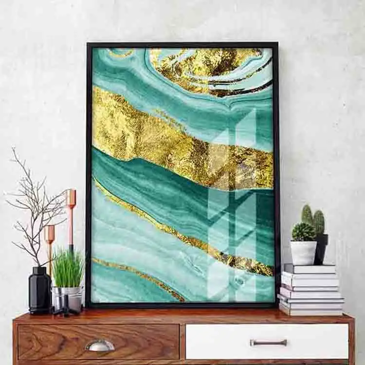 

Light Luxury Style Gold Leaf Abstract Living Room Decoration Drawing Model Room Golden Emerald Texture Hanging Painting