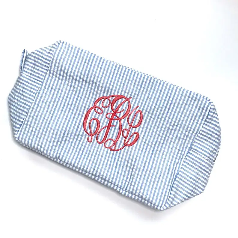 

Seersucker Everything Bag Womens Embroidered Travel Toiletry Bag Personalized Monogrammed Seersucker Cosmetic Bag, Shown