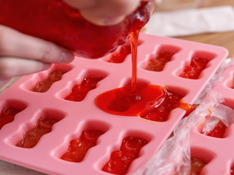 Close-up of hands pouring red liquid into gummy bear molds