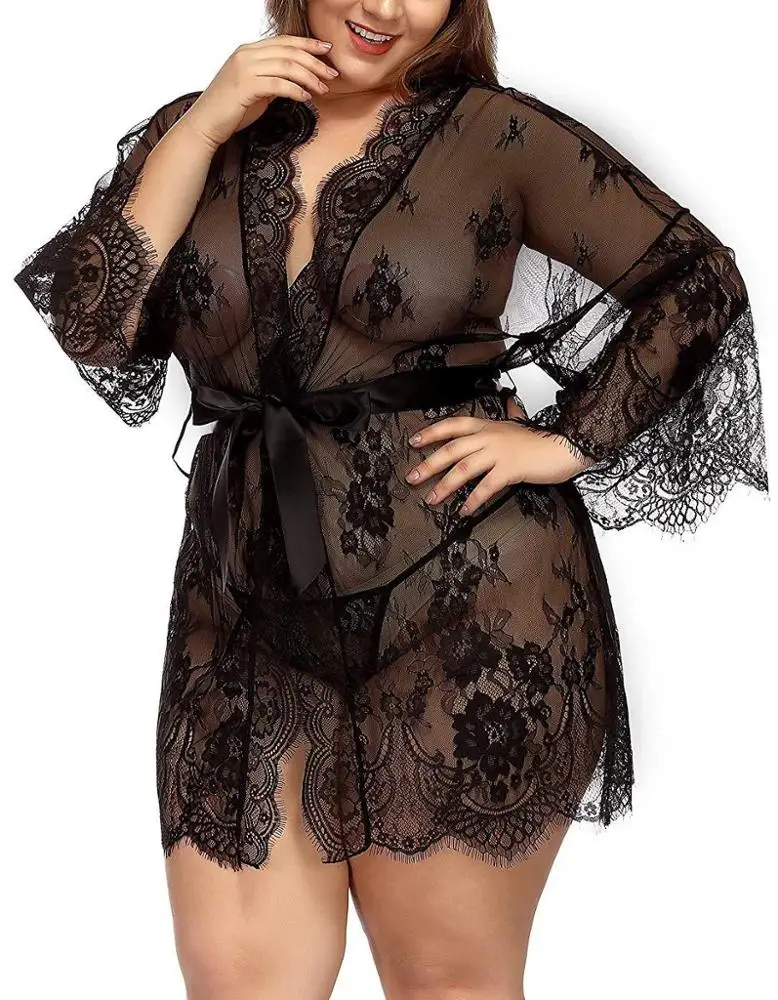 

Plus Size Hollow Out Transparent Sexy Lace Lingerie Pijama Set For Woman, Black,white,red