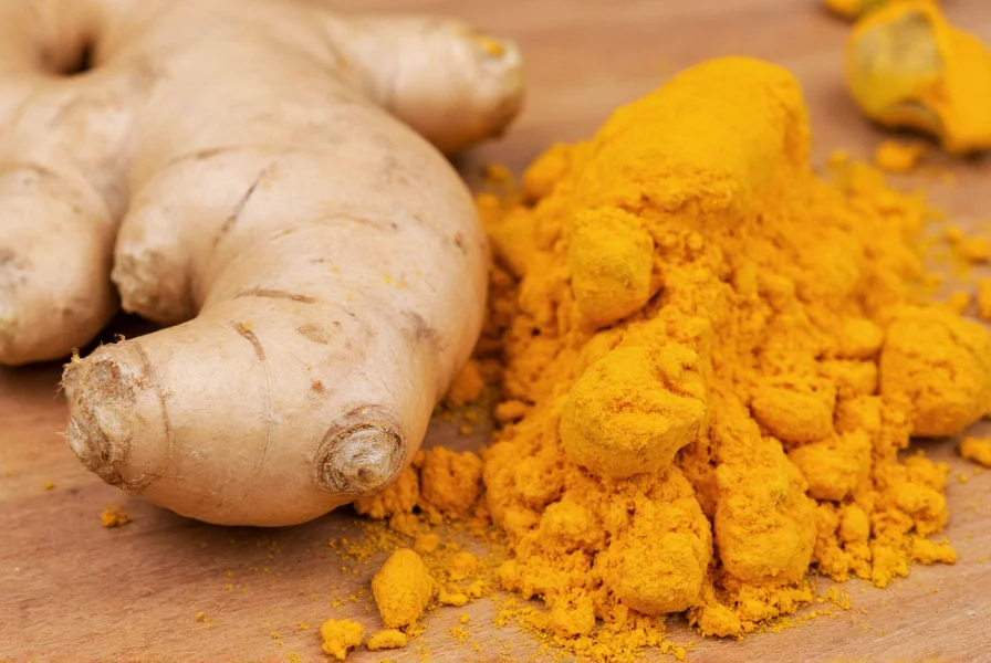 Close-up view of fresh ginger root and turmeric root side by side on wooden cutting board