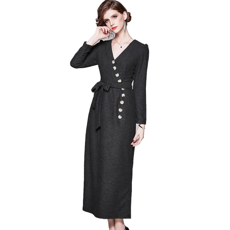 

Sping Autumn V-neck French Vintage Lady Long Sleeve Button Decoration Slit Loose Black Women Maxi Dress, Customized color