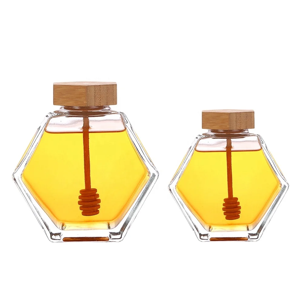 

Honeycomb Shape Hexagonal Glass storage Pot cruet Spice Herb Honey Jar with Wooden Dipper and Bamboo Lid, Transparent