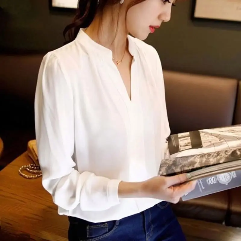 

Wholesale Custom Newest women chiffon v-neck clothing western pullover office shirt long sleeve fashion ladies blouse shirt