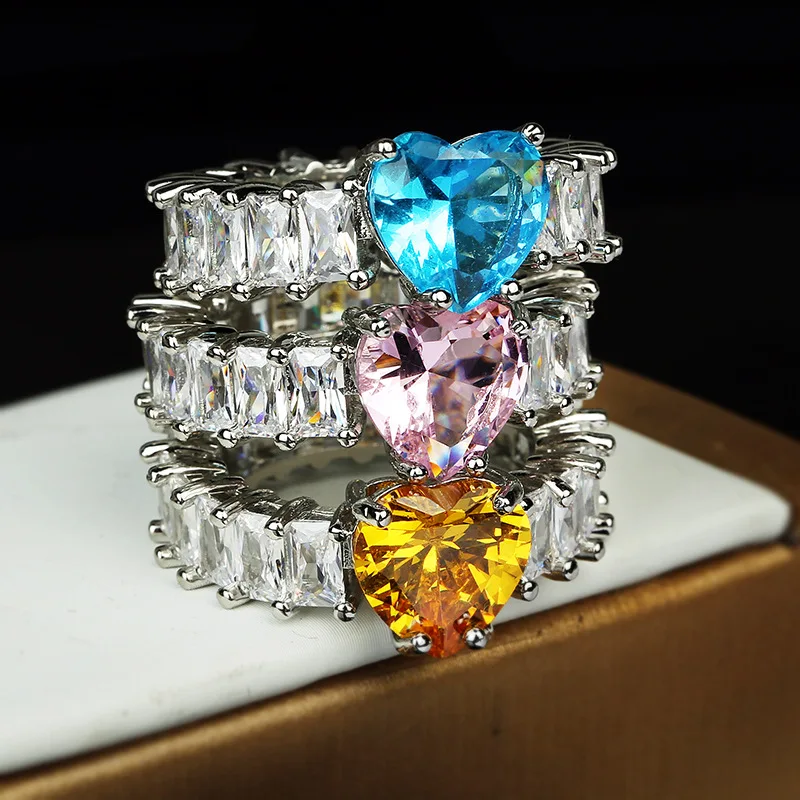 

Wholesale New Product Brass White Plated Steel Full Cubic Zircon Inlay Shiny Heart Rhinestones Finger Rings For Wedding Party, 3 colors