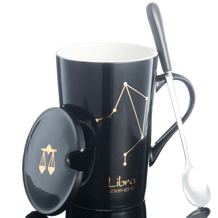 

420ml glazed black and white 12 constellation astrology zodiac sign ceramic mug with lid and spoon, Various