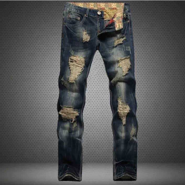 

Voogue Man Jeans Long Jeans Ripped Jeans Vintage Hole Motorcycle Pants