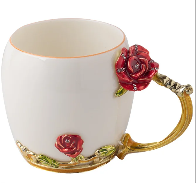 

Luxurious Flower European Tea Gift mug Water Ceramic Daisy Rose Cup Enamel Coffee White Mug With Metal Handle For Female, Customized promotional mug