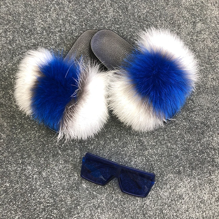 

Wholesale custom fashion 2pcs women diamond sunglasses and full cover lady real fox fur slippers, Customized color